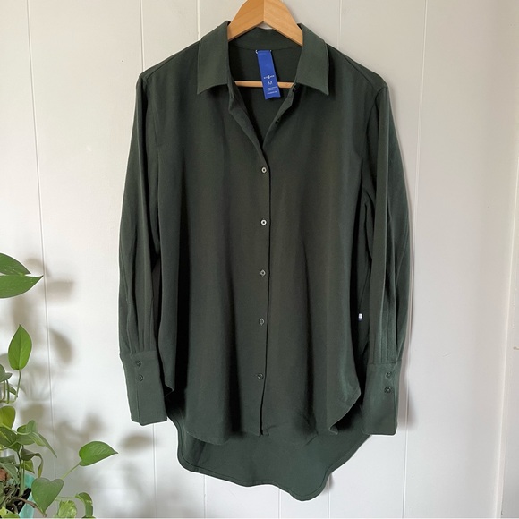 Kit Ace Here and There Button Long Sleeve Green Shirt Hi Lo Flannel Drop Hem EUC - Picture 2 of 11